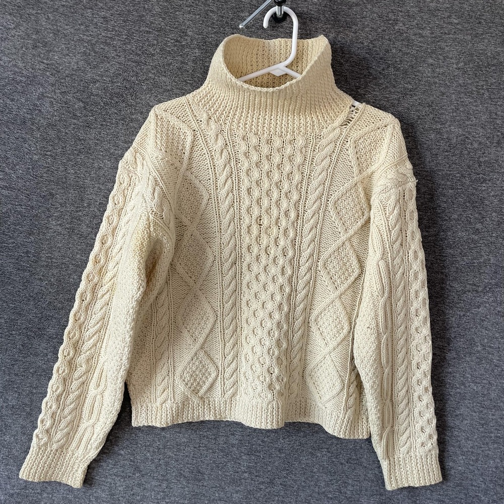 Inisfree Sweater Mens Medium White Wool Turtleneck Cable Knit Fisherman Ireland